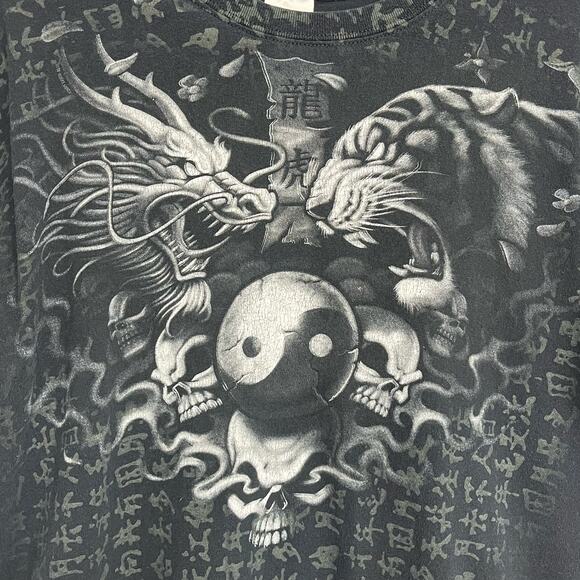 Y2K Dragon Vs Tiger Yin Yang Black White Liquid Blue Graphic T-Shirt 2000s Large - Picture 3 of 10